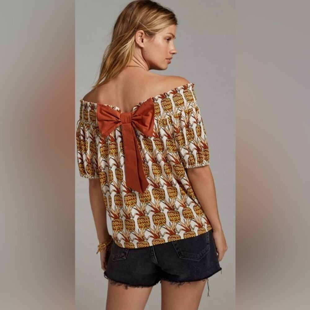Anthropologie Porridge Pineapple Short Sleeve Bow Tie Back Off Shoulder Blouse